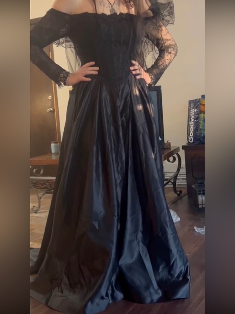 Black Lace Sleeve Satin Ball Gown - Picture 1 of 3